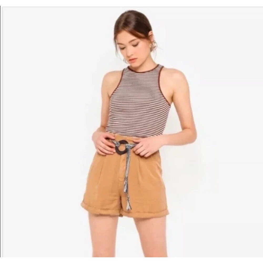 Alcott Womens Tan High Waisted Pleated Shorts with Woven Belt Size XS Camel